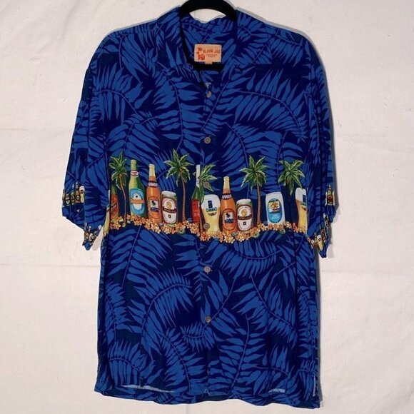 Vintage Aloha Joe Blue Hawaiian Shirt Palm Trees Island Beers M - Picture 7 of 7
